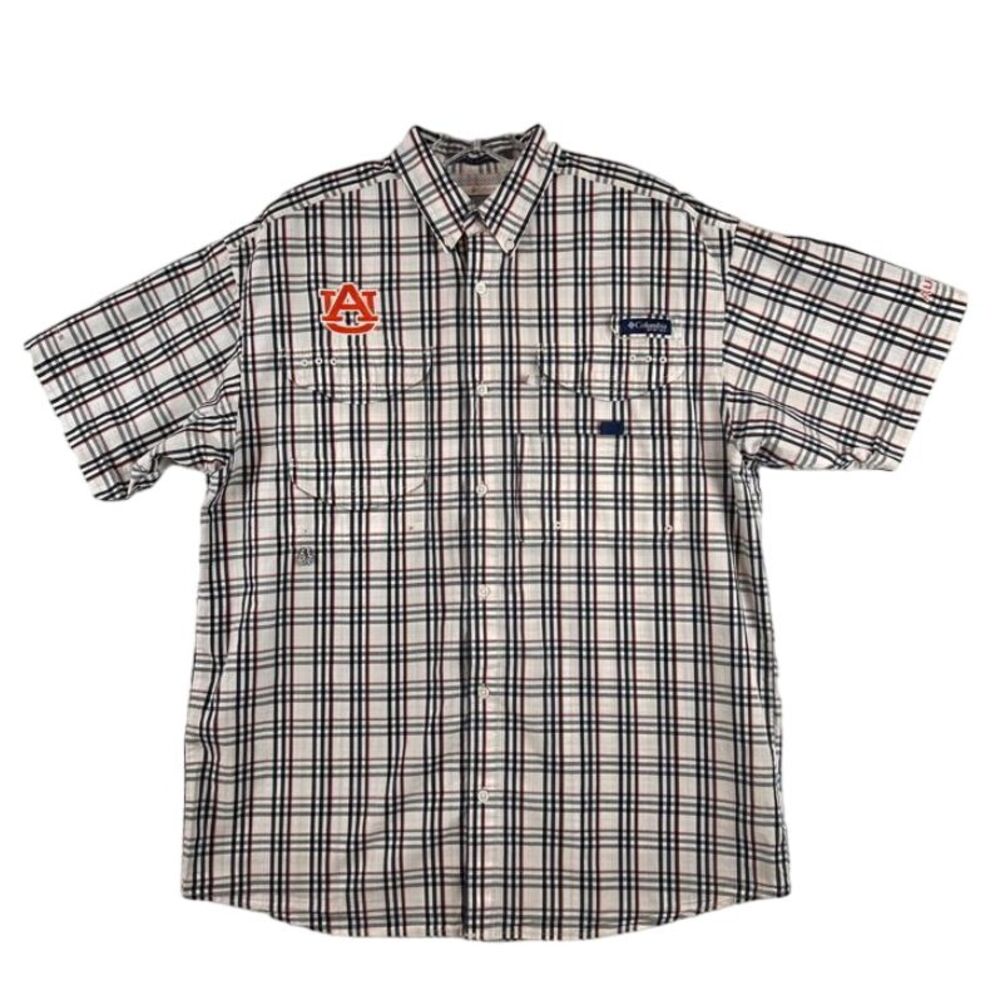 AUBURN Button Up Columbia Short Sleeve Cotton Plaid Fishing Shirt‎ Size Medium